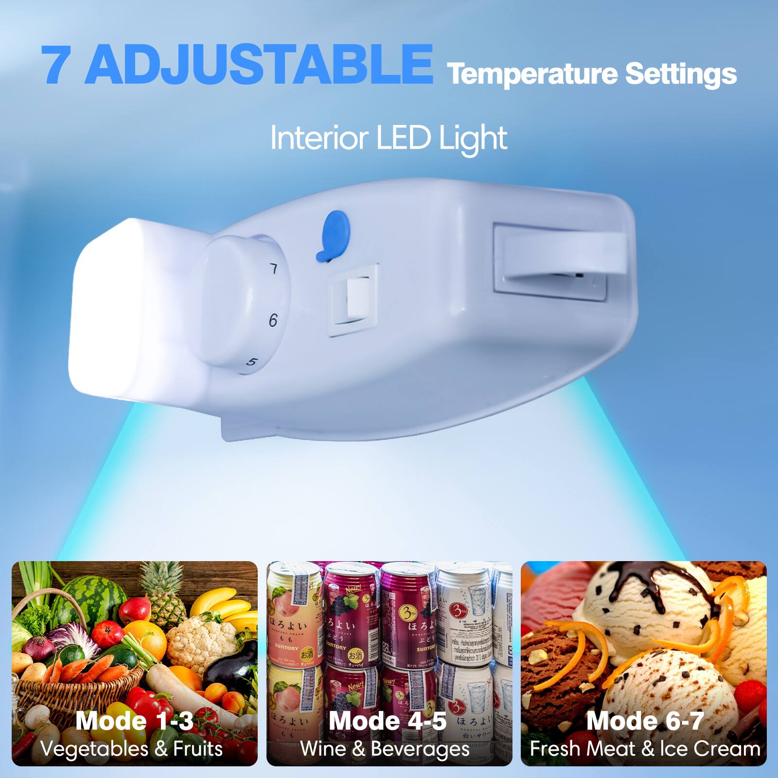 7 Adjustable Temperature Settings  
Interior LED Light  

Mode 1-3: Vegetables & Fruits  
Mode 4-5: Wine & Beverages  
Mode 6-7: Fresh Meat & Ice Cream
