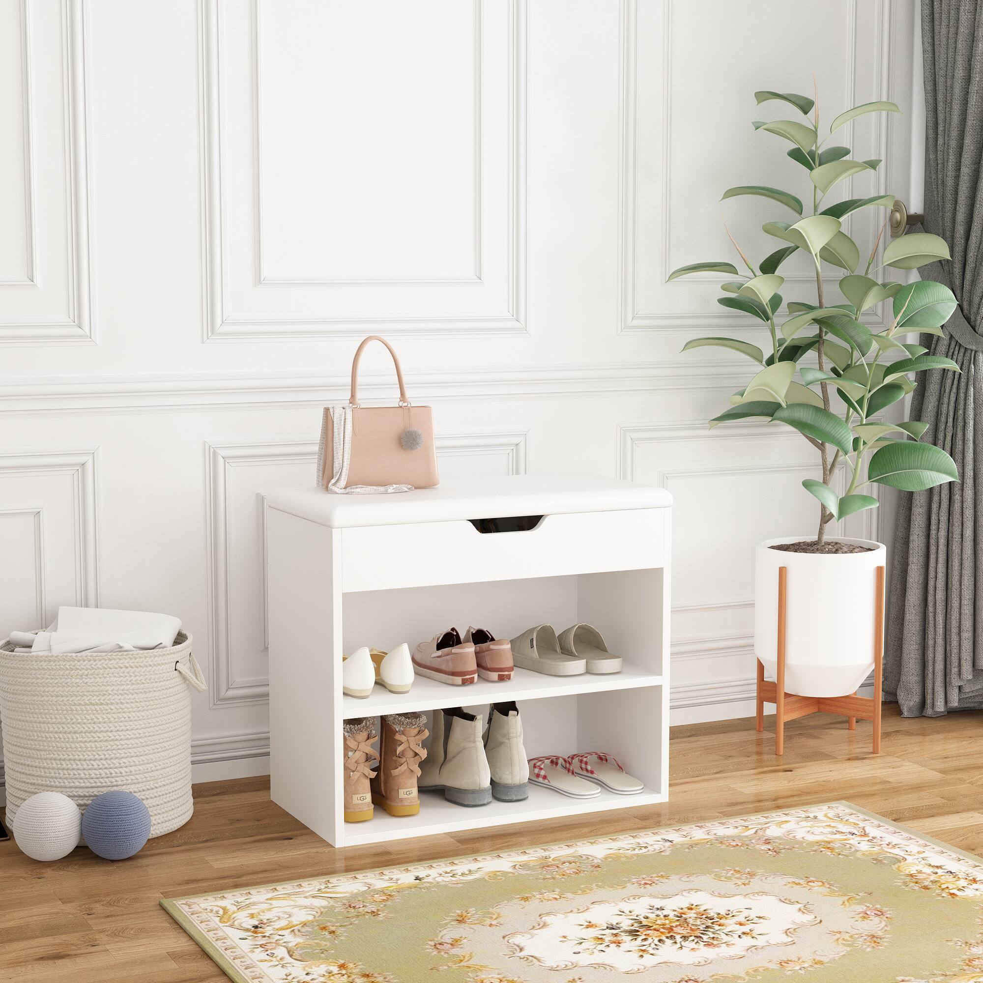 Alt View 4. FUFU & GAGA - Small Shoe Bench with Storage Box and Rack – Space-Saving Entryway Organizer - White.