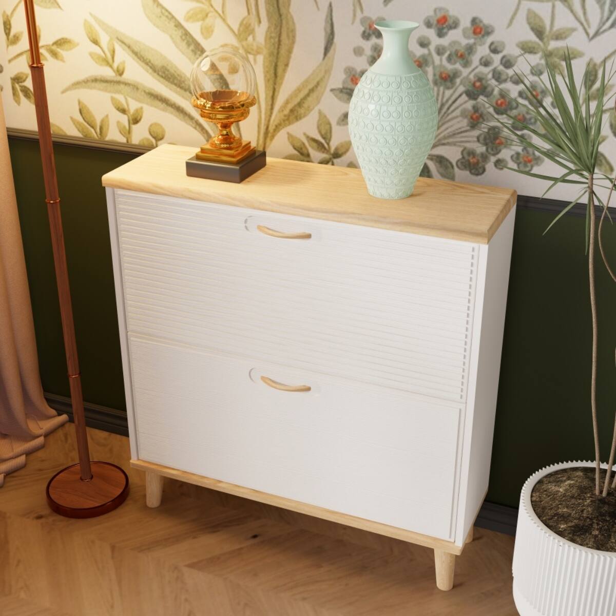 Alt View 4. HTUTWOO - Shoe Storage Cabinet with 2 Flip Doors - Modern Entryway & Narrow Hallway Organizer for 8-16 Pairs,for Families - Beige.