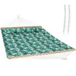 Sunnydaze - Large Quilted Hammock with Spreader Bar and Pillow - Green Palm Leaves