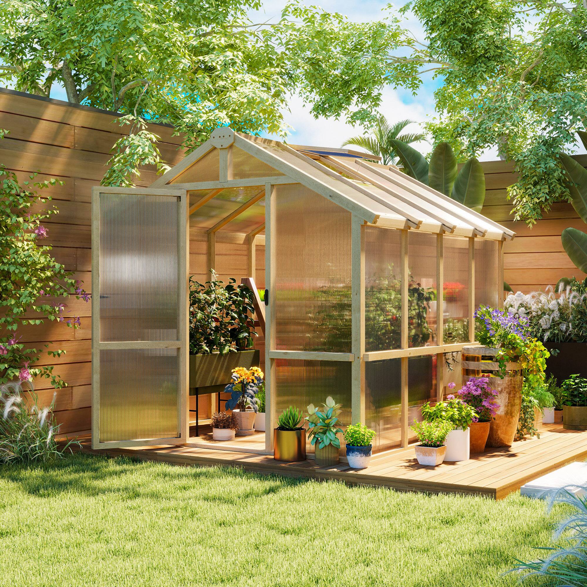 Alt View 1. Outsunny - x 8 ft. Polycarbonate Greenhouse Wooden Walk-in Greenhouse Kit with Thickened Panels, Roof Vent.