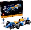 The image features a Lego racing car, specifically a Williams Racing car, which is a replica of the FW14B. The car is displayed in a box, and it is accompanied by a Lego icon figure. The car is designed with a blue and yellow color scheme, and it is a part of the Lego Technic series. The box also contains a booklet, which likely provides instructions and information about the car's assembly and features.