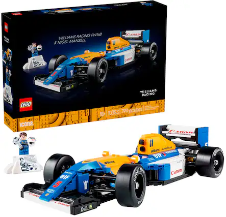 The image features a Lego racing car, specifically a Williams Racing car, which is a replica of the FW14B. The car is displayed in a box, and it is accompanied by a Lego icon figure. The car is designed with a blue and yellow color scheme, and it is a part of the Lego Technic series. The box also contains a booklet, which likely provides instructions and information about the car's assembly and features.
