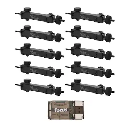 The text on the image appears to be a mix of different elements. Here is the corrected and grouped text:
- "Wildgame"
- "focus"
The "Wildgame" text is repeated on each of the black devices, and "focus" is on the smaller component at the bottom.