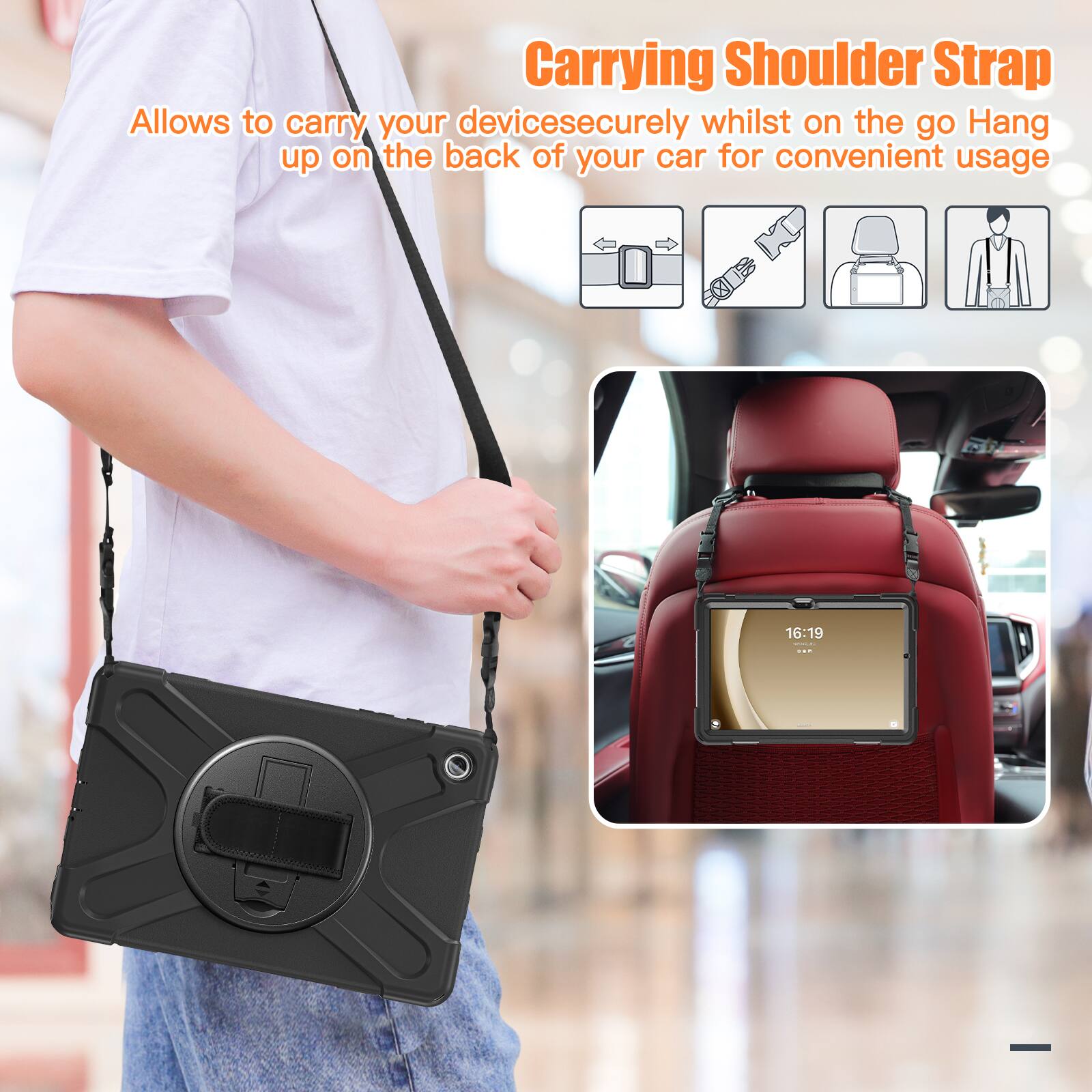 Carrying Shoulder Strap  
Allows to carry your device securely whilst on the go. Hang up on the back of your car for convenient usage.
