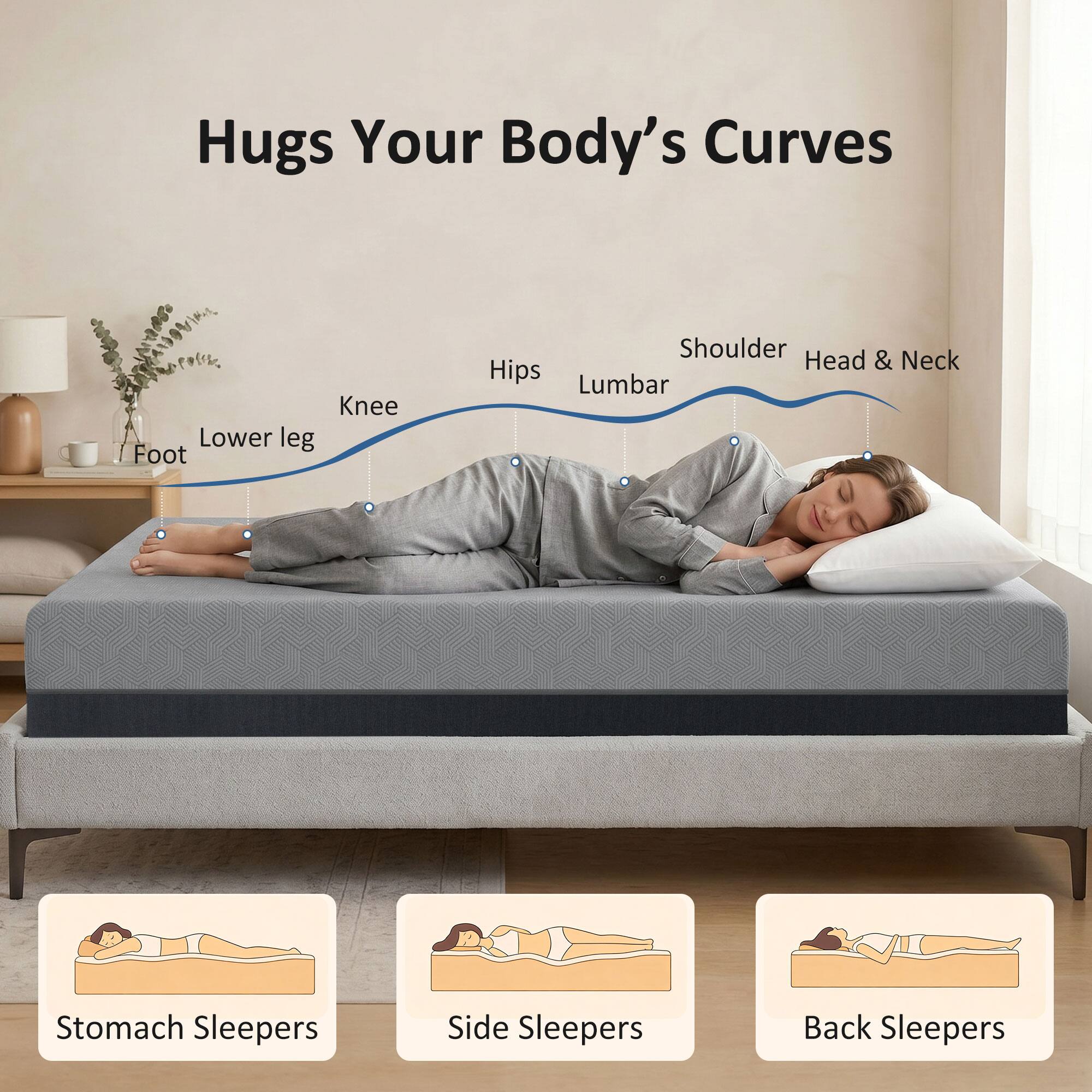 Hugs Your Body's Curves

Knee
Lower leg
Foot
Hips
Lumbar
Shoulder
Head & Neck

Stomach Sleepers
Side Sleepers
Back Sleepers