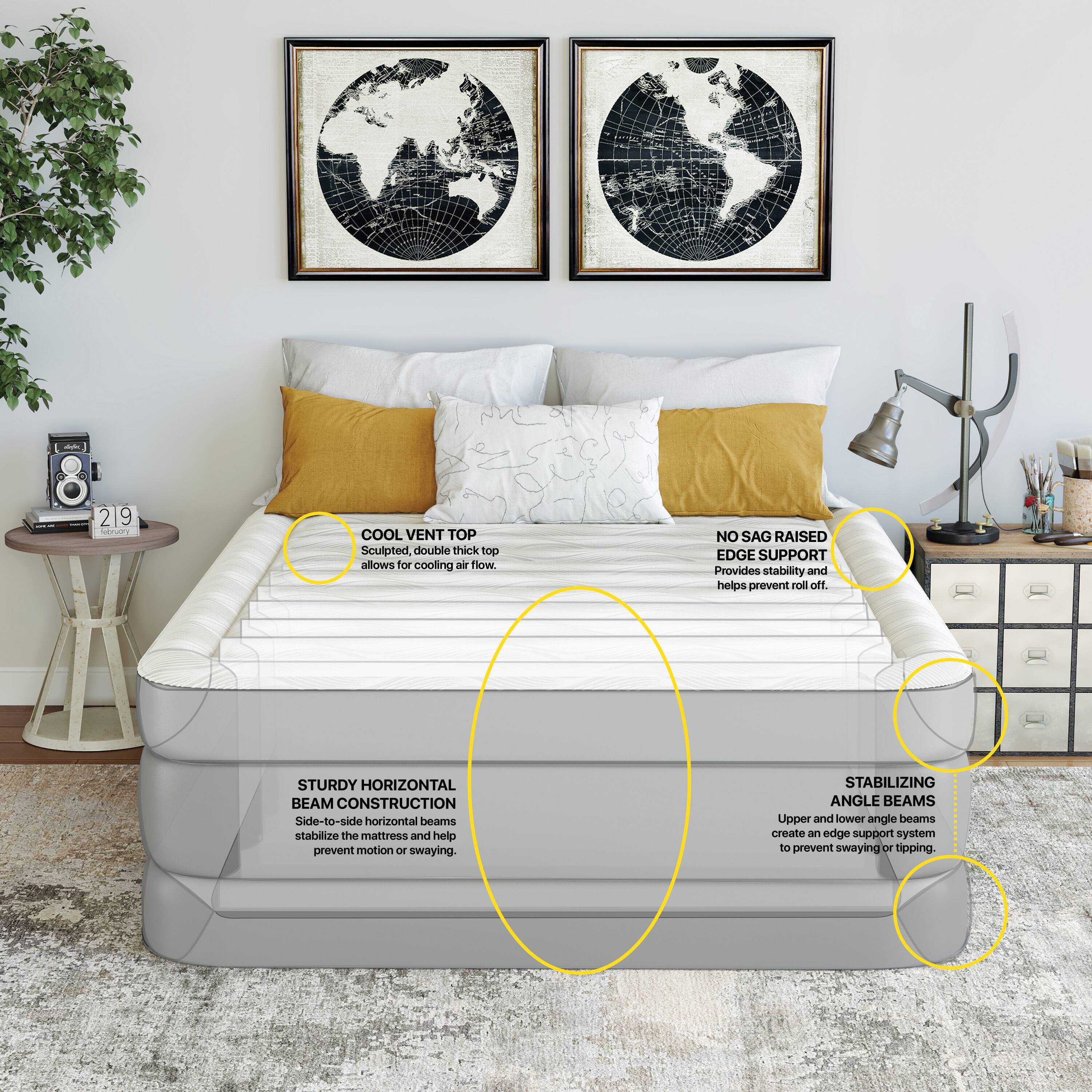 - COOL VENT TOP  
  Sculpted, double thick top allows for cooling air flow.

- NO SAG RAISED EDGE SUPPORT  
  Provides stability and helps prevent roll off.

- STURDY HORIZONTAL BEAM CONSTRUCTION  
  Side-to-side horizontal beams stabilize the mattress and help prevent motion or swaying.

- STABILIZING ANGLE BEAMS  
  Upper and lower angle beams create an edge support system to prevent swaying or tipping.