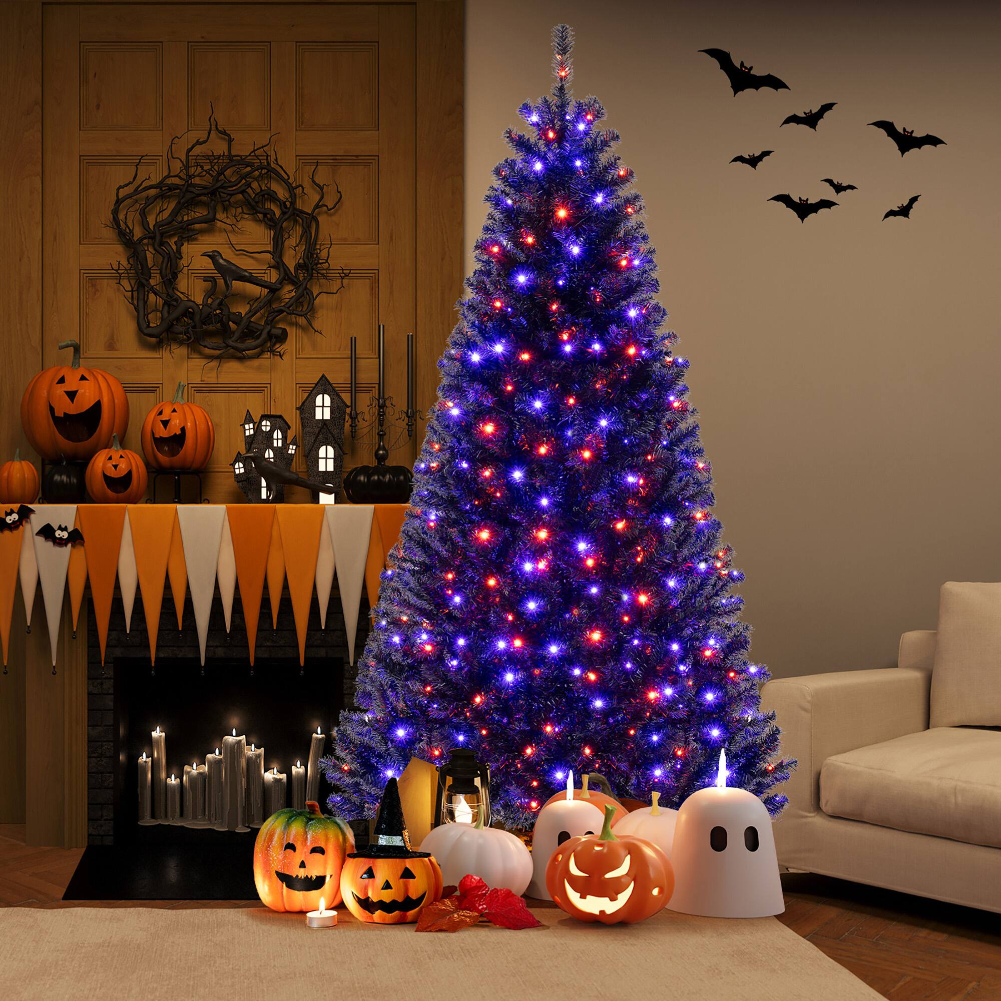 Alt View 3. Gymax - Gymax 7 Halloween Tree Artificial Decoration Tree w/1040 Branch Tips 6 Lighting Modes - Black.