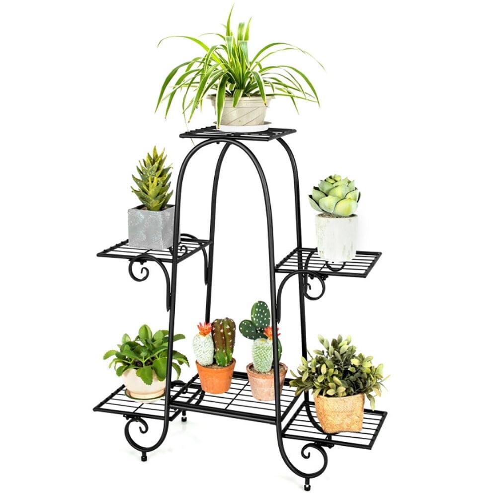 Angle. Kadyn - Raised Planter Stand, Large Space Flower Rack Shelf,6-Tier Plant Stand with Adjustable Foot Pads-Black.