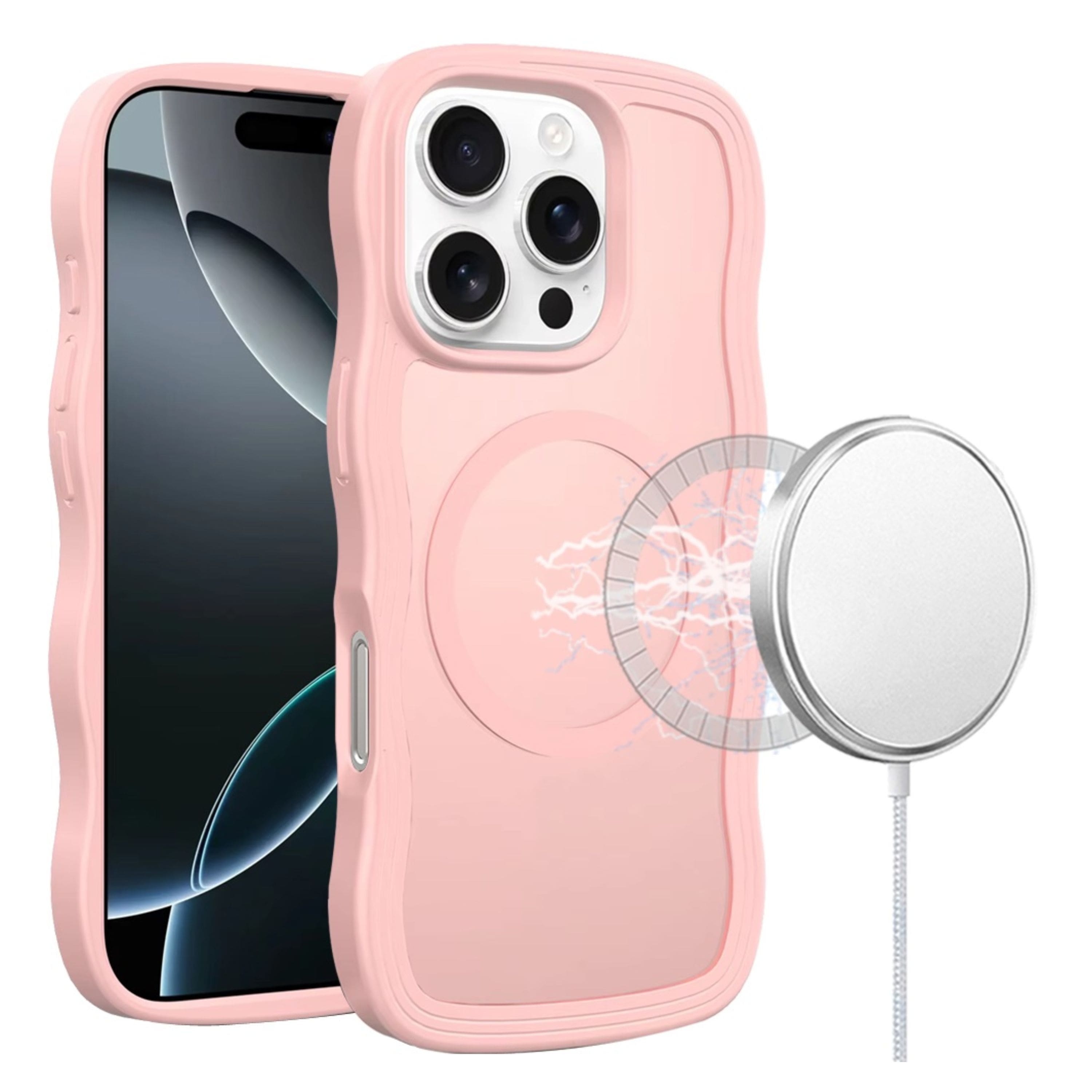 Kitcheniva - Wavy Side Grip Magnetic Circle Phone Case With Tempered Glass For iPhone 16 Pro Max - Pink price history on PriceWatchPro