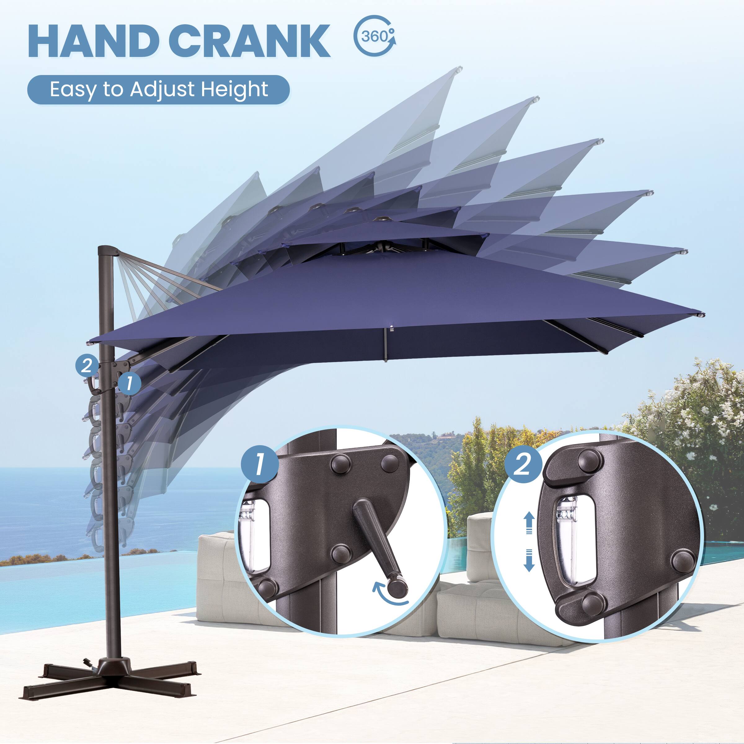 HAND CRANK  
Easy to Adjust Height  
360°  

1  
2