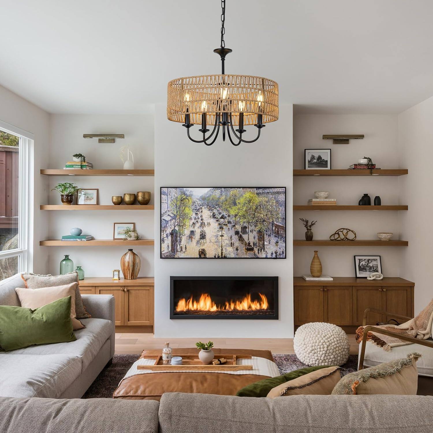 Alt View 2. Z-Edge - Farmhouse Chandelier Light Fixtures, 5-Lights Large Rattan Pendant Lighting with Hand Woven Wicker Shade for Living Room - Black.