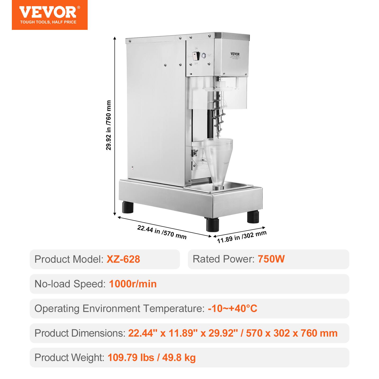 VEVOR  
TOUGH TOOLS, HALF PRICE

VEVOR

Product Model: XZ-628  
Rated Power: 750W  
No-load Speed: 1000r/min  
Operating Environment Temperature: -10~+40°C  
Product Dimensions: 22.44" x 11.89" x 29.92" / 570 x 302 x 760 mm  
Product Weight: 109.79 lbs / 49.8 kg