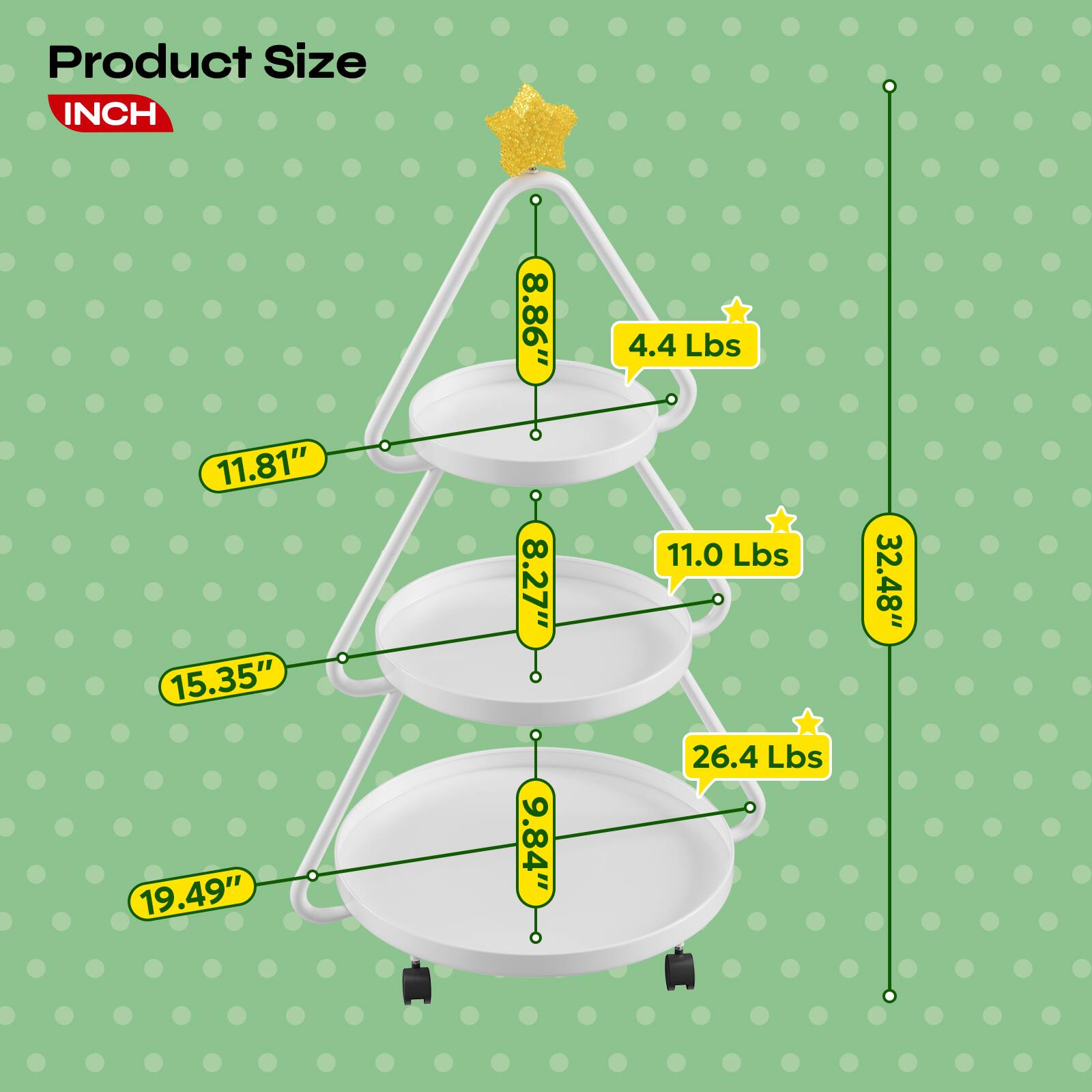 Product Size  
INCH  

- 8.86" x 11.81" x 15.35" x 19.49" x 32.48"  
- 4.4 Lbs  
- 11.0 Lbs  
- 26.4 Lbs