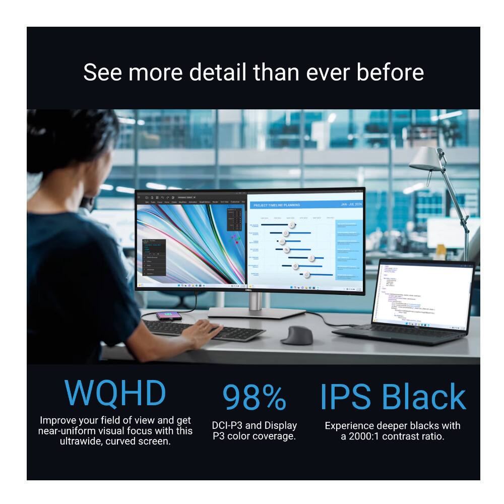 See more detail than ever before

WQHD  
Improve your field of view and get near-uniform visual focus with this ultrawide, curved screen.

98%  
DCI-P3 and Display P3 color coverage.

IPS Black  
Experience deeper blacks with a 2000:1 contrast ratio.
