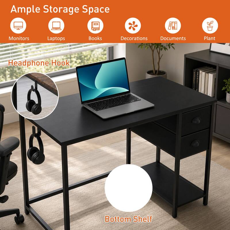 Ample Storage Space  
Monitors  
Laptops  
Books  
Decorations  
Documents  
Plant  
Headphone Hook  
Bottom Shelf