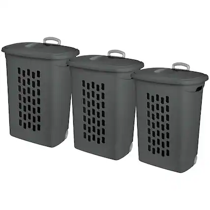 Front. Sterilite - Sterilite Ultra Wheeled Hamper, Laundry Basket w/Lid & Handle, Flat Grey, 3 Pack - Gray.