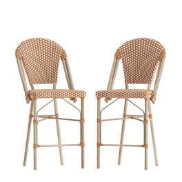 Emma + Oliver - Colmar Set of Two Indoor/Outdoor 26" High Stacking Bistro Counter Stools with Patterned Seat and Back and Metal Frames - Natural & White/Light Natural Frame