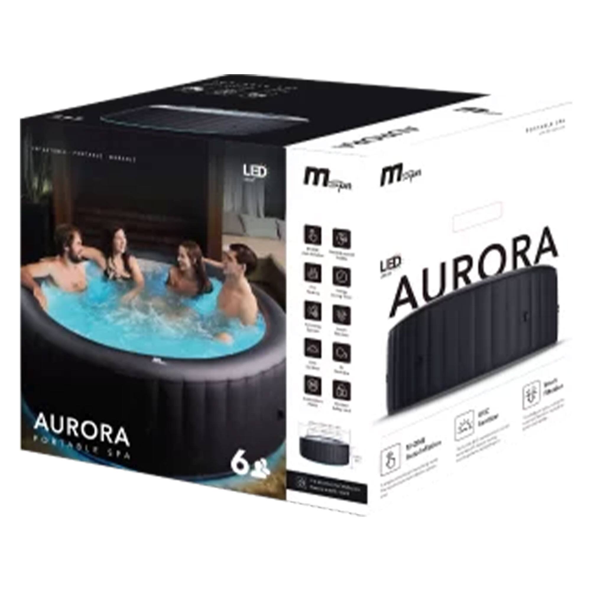 LED Aurora Portable Spa 6 Person

Features:
- LED Lighting
- Inflatable Design
- Built-in Spa Jets
- Easy Setup
- Durable Material
- Compact Design
- Relaxing Experience

Specifications:
- Capacity: 6 Persons
- Dimensions: [Dimensions provided on the box]
- Weight: [Weight provided on the box]
- Power: [Power details provided on the box]

Additional Information:
- Includes: [List of included items]
- Warranty: [Warranty details provided on the box]