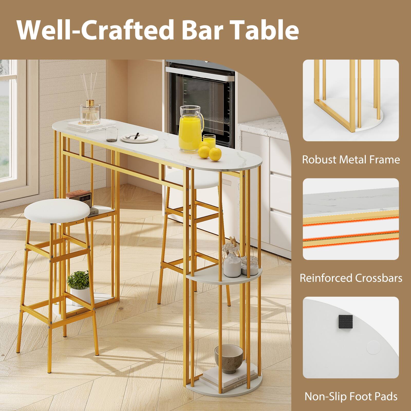 Well-Crafted Bar Table  
Robust Metal Frame  
Reinforced Crossbars  
Non-Slip Foot Pads