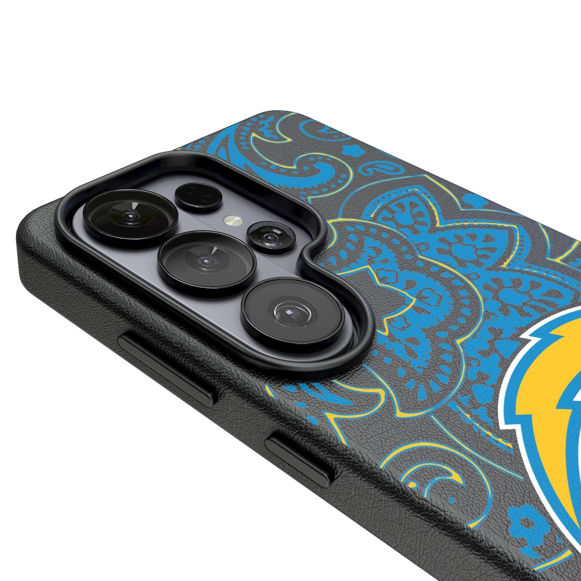Alt View 2. Keyscaper - Los Angeles Chargers Paisley Galaxy Magnetic Bump Case - S24 Ultra - Black.