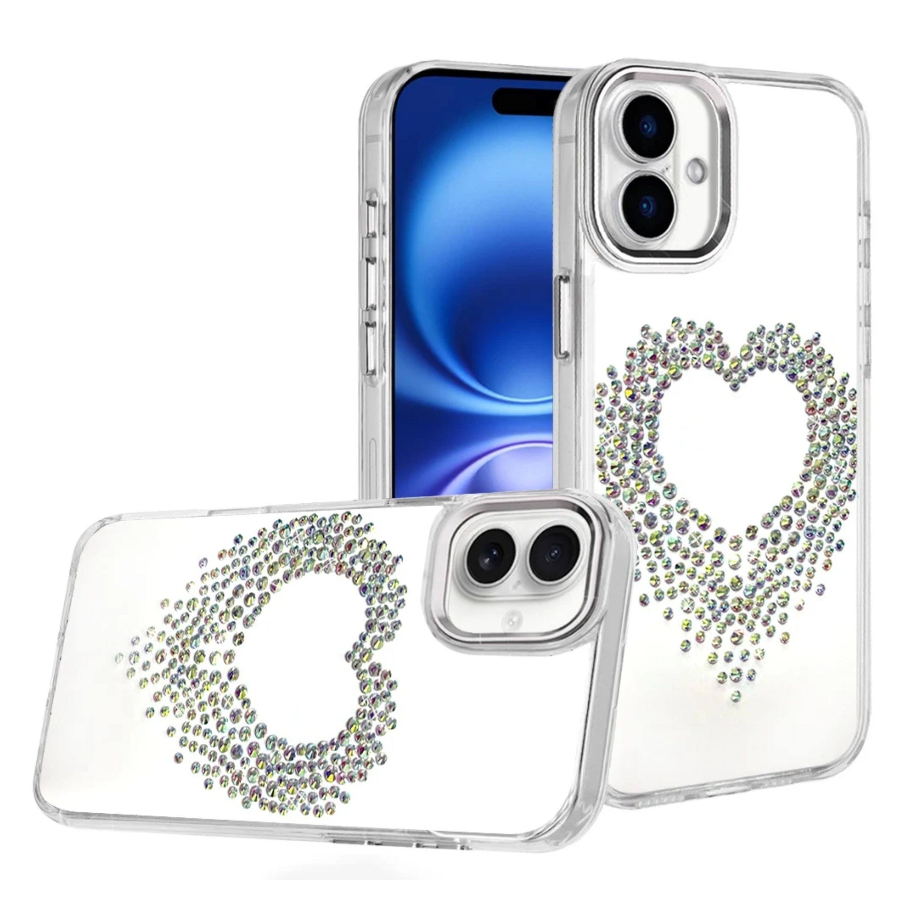 Angle. Kitcheniva - Heart Shaped Rhinestones Chrome Edges Phone Case With Tempered Glass For iPhone 17 Silver - Silver.