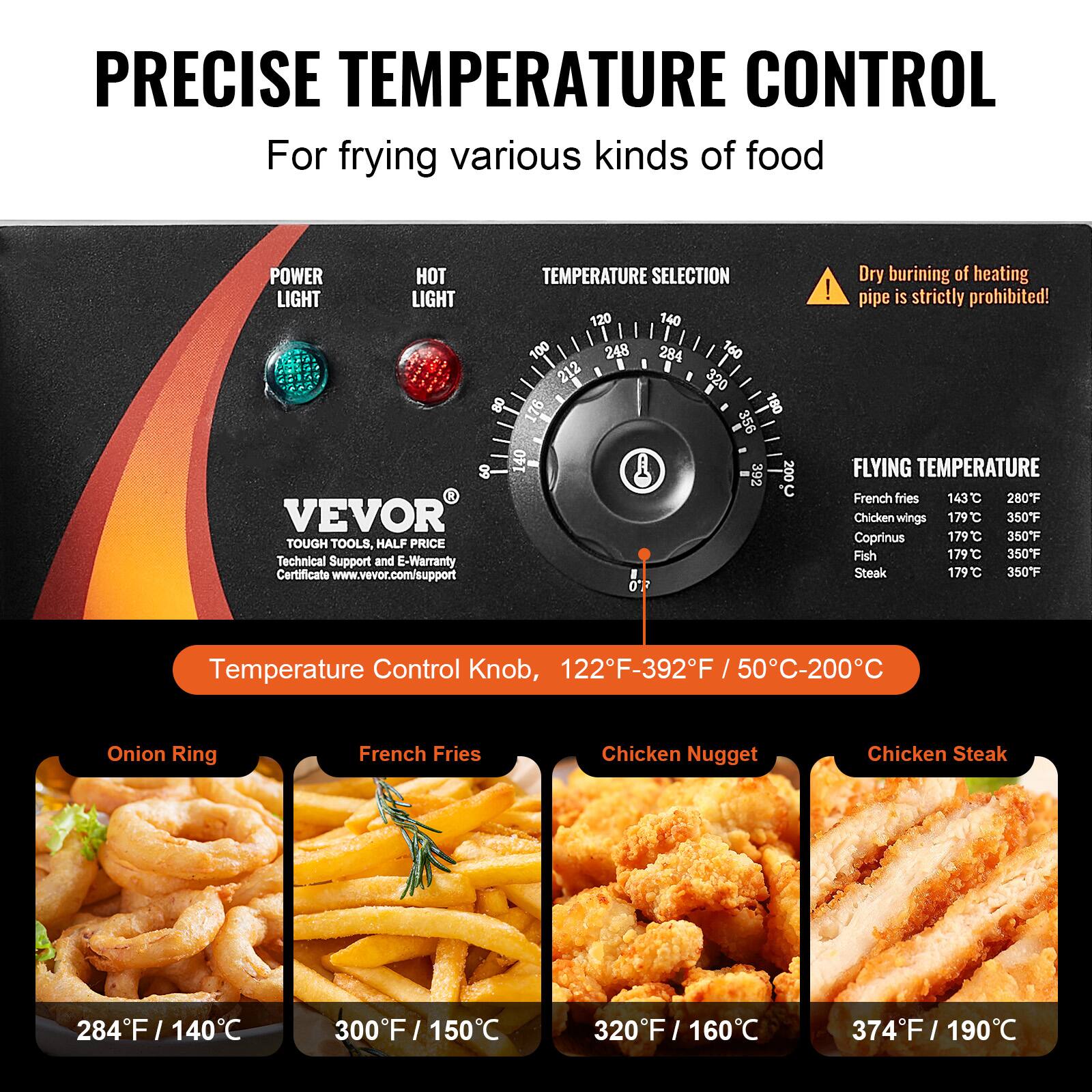 PRECISE TEMPERATURE CONTROL  
For frying various kinds of food

POWER LIGHT  
HOT LIGHT

TEMPERATURE SELECTION

Dry burning of heating pipe is strictly prohibited!  
FLYING TEMPERATURE

French fries 143°C / 280°F  
Chicken wings 179°C / 350°F  
Coprinus 179°C / 350°F  
Fish 179°C / 350°F  
Steak 179°C / 350°F

Temperature Control Knob, 122°F-392°F / 50°C-200°C

Onion Ring  
284°F / 140°C

French Fries  
300°F / 150°C

Chicken Nugget  
320°F / 160°C

Chicken Steak  
374°F / 190°C