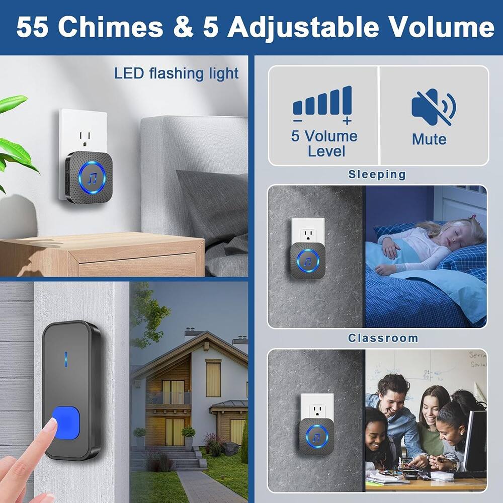 55 Chimes & 5 Adjustable Volume

LED flashing light

5 Volume Level Mute

Sleeping

Classroom