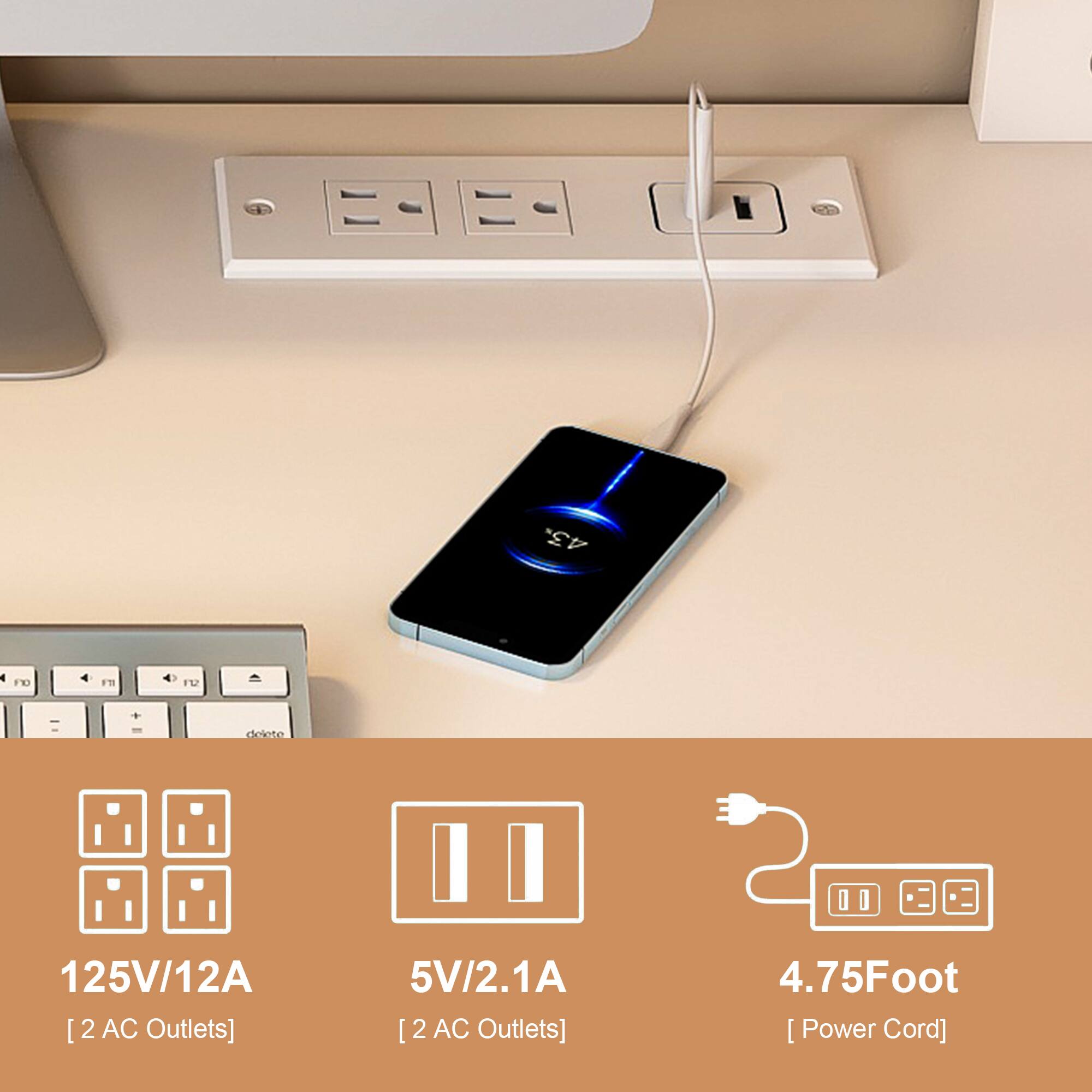 43. FT FU + deloto  
125V/12A [2 AC Outlets]  
5V/2.1A [2 AC Outlets]  
4.75 Foot [Power Cord]