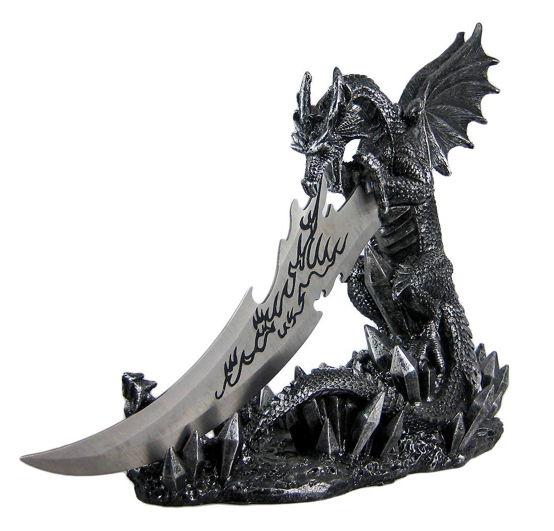 Alt View 1. Zeckos - Wicked Fire Dragon Fantasy Knife and Holder Dagger - Black.