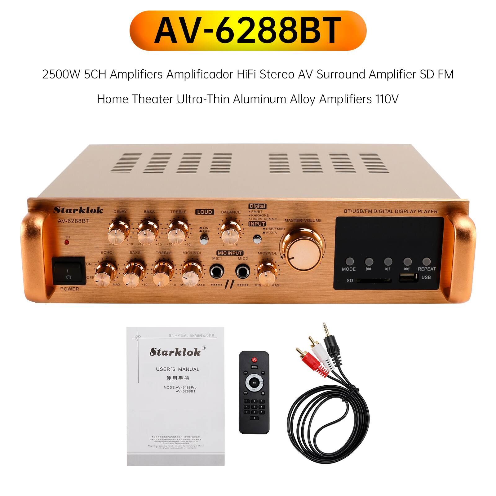 AV-6288BT 2500W 5CH Amplifiers Amplificador HiFi Stereo AV Surround Amplifier SD FM Home Theater Ultra-Thin Aluminum Alloy Amplifiers 110V Starklok OELAN AV-6288BT - - LABS THEBES Digital LOUD DALANLE ME CAC USNIISMMO .- ...E MASSER TO INPUT - CTOO i ... ST/USWFM DIGITAL DISPLAY PLAYER a ...  N 1 C POWER LEDO ... GADL -. ERAGLE MIDSEHI - - . MIO INPUT MI MIL V // : MIDEY - .. MODE S - + I HEPET USB .... 1 Starklok USER'S MANUAL  MODE AV