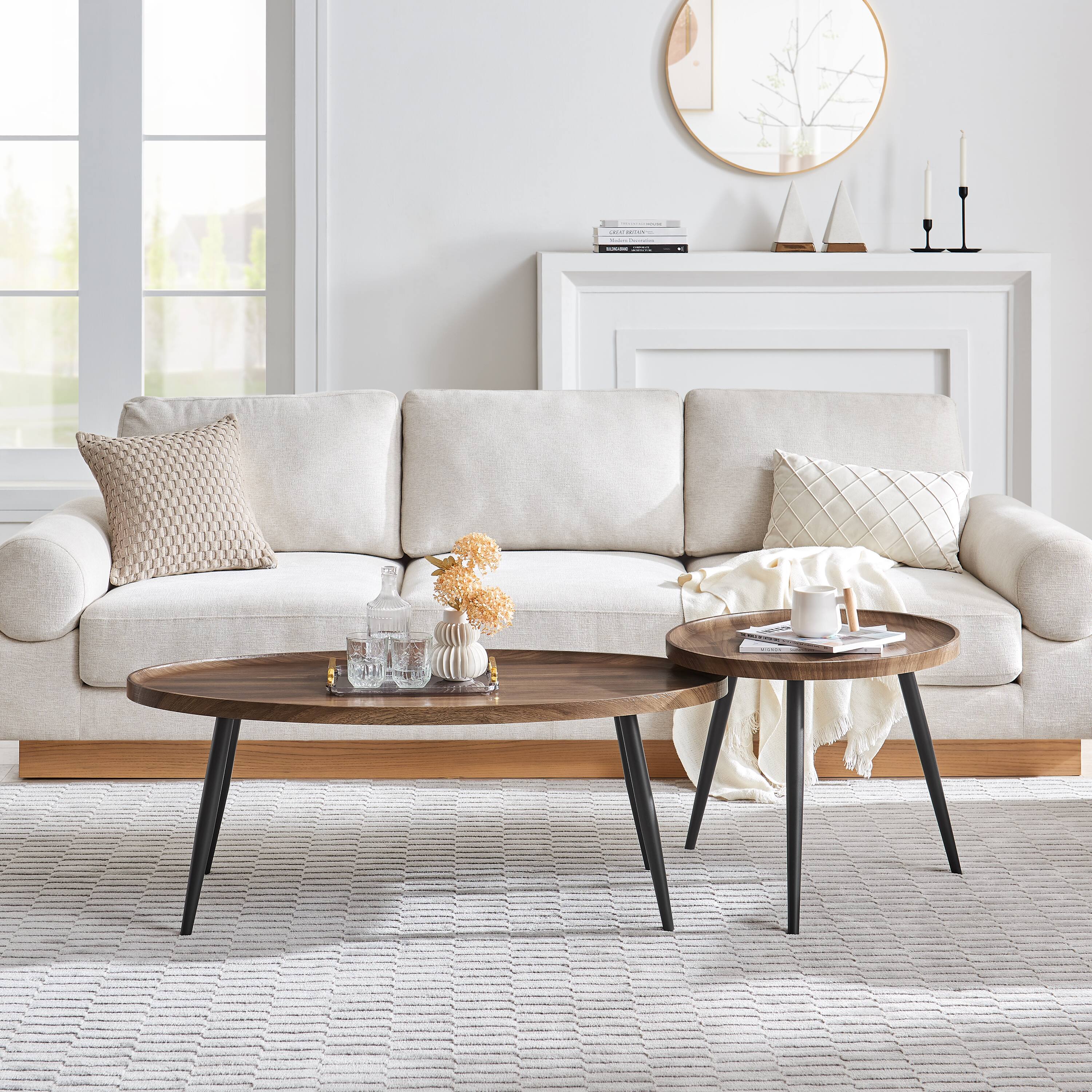 Angle. Danya B - Paxton Nesting 2 Piece Coffee Table Set - Round and Oval - Walnut - Walnut, Black.