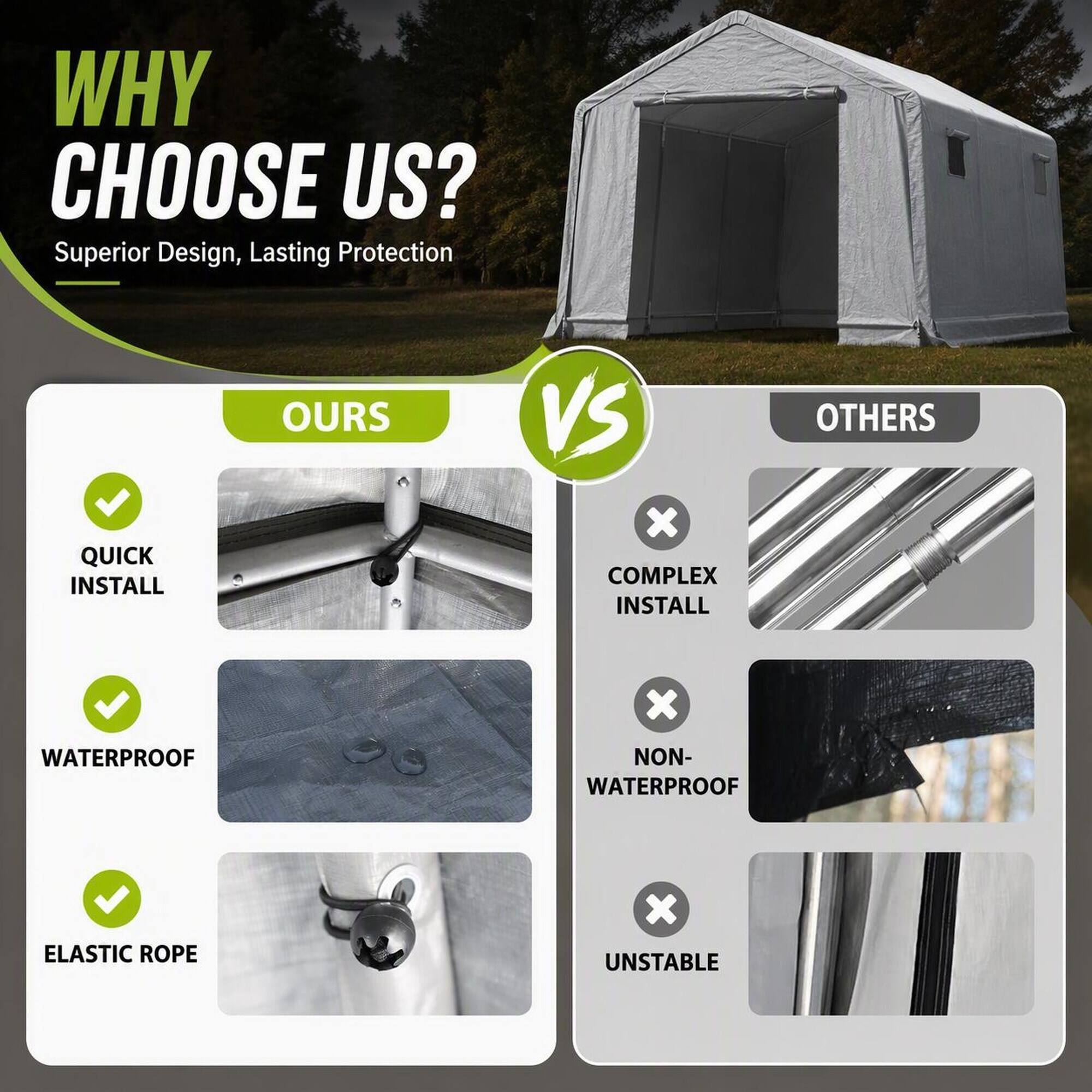 WHY CHOOSE US?  
Superior Design, Lasting Protection

OURS  
- QUICK INSTALL  
- WATERPROOF  
- ELASTIC ROPE

VS

OTHERS  
- COMPLEX INSTALL  
- NON-WATERPROOF  
- UNSTABLE