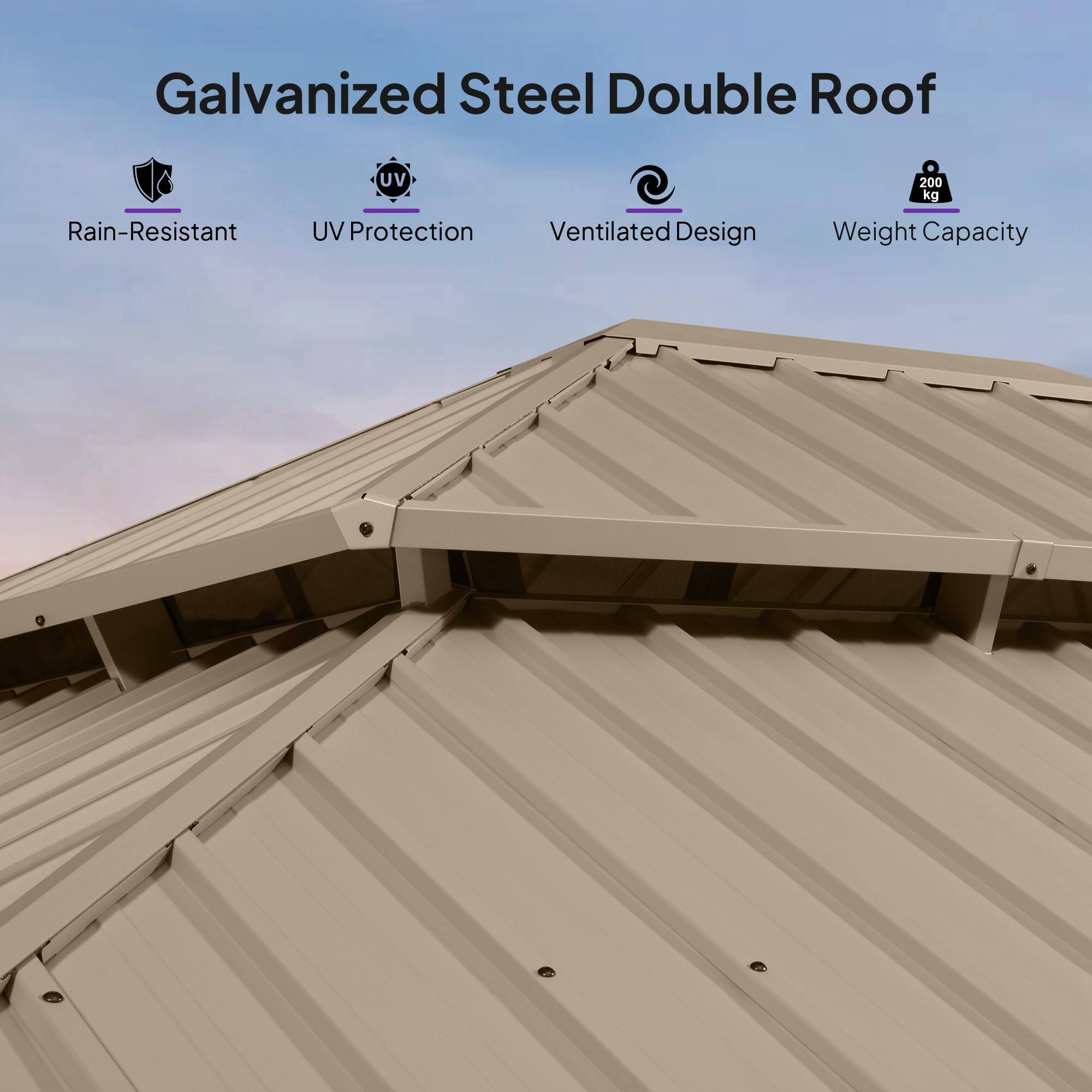 Galvanized Steel Double Roof  
- Rain-Resistant  
- UV Protection  
- Ventilated Design  
- Weight Capacity: 200 kg