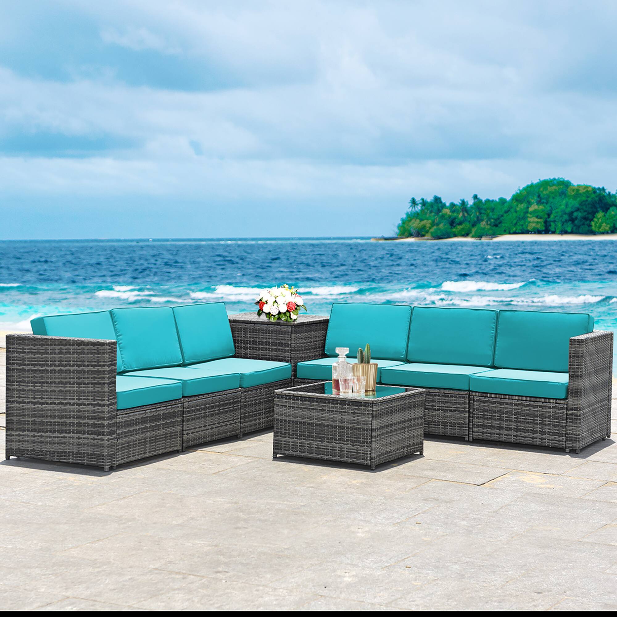 Alt View 3. Costway - 8 PCS Wicker Sofa Rattan Furniture Set Patio Furniture w/ Storage Table - Turquoise.