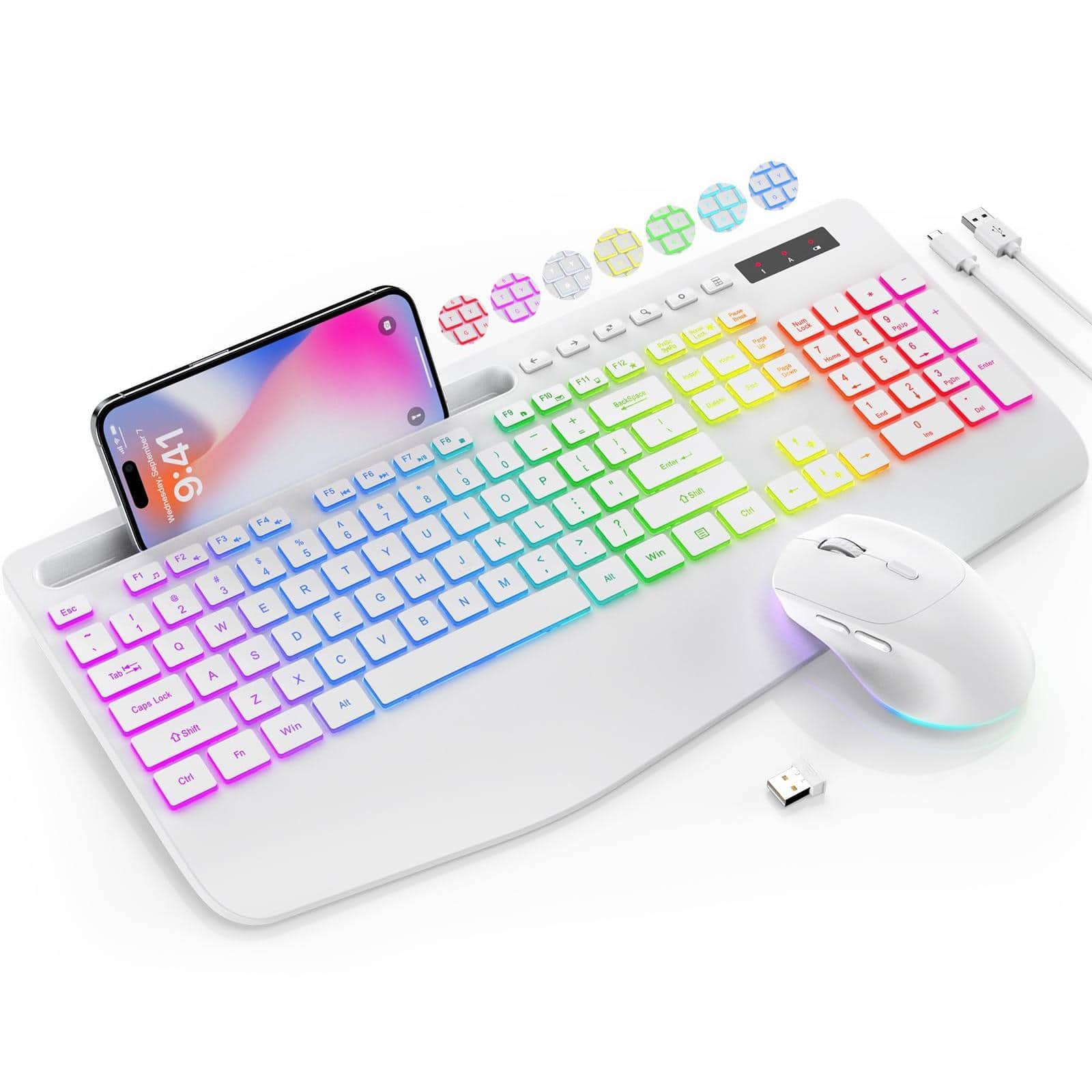 Earthley Blooms - Wireless And Mouse Combo 9 Backlit Effects Rgb Wrist Rest Phone Holder Full Size Rechargeable Sleep Mode - Wireless - Cloudy White