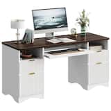 Bestier - 59 Inch Executive Office Desk with Four Drawers, Keyboard Tray & File Storage for Home Office - Walnut