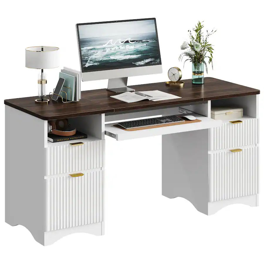 Bestier 59 Inch Executive Office Desk with Four Drawers, Keyboard Tray ...