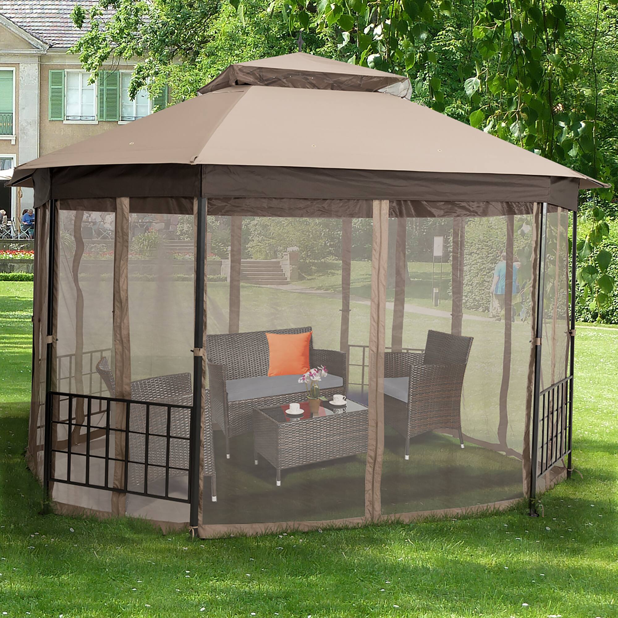 Alt View 3. Costway - Costway 10' x 12' Octagonal Patio Gazebo Canopy Shelter Double Top W/Netting Sidewalls - Brown.