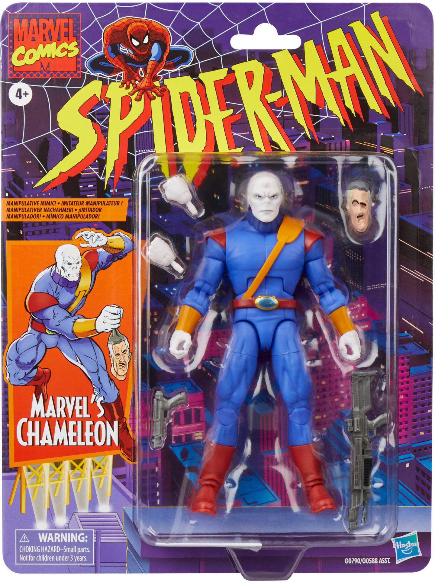 The text on the image reads "MARVEL COMICS 4+ MANIPULATIVER SPIDERMAN MANIPULATIVE MIMICI NACHAHMER! IMITATEUR IMITADOR MANIPULADOR! MIMICO MANIPULADOR! MARVEL'S CHAMELEON WARNING: CHOKING HAZARD-Small parts. Not for children under 3 years. Hasbr G0790/G0588 ASST A."