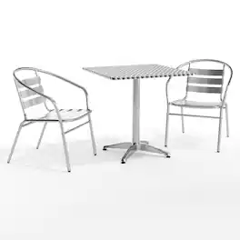 Emma + Oliver - 27.5'' Square Indoor-Outdoor Table Set with 2 Slat Back Chairs - Aluminum