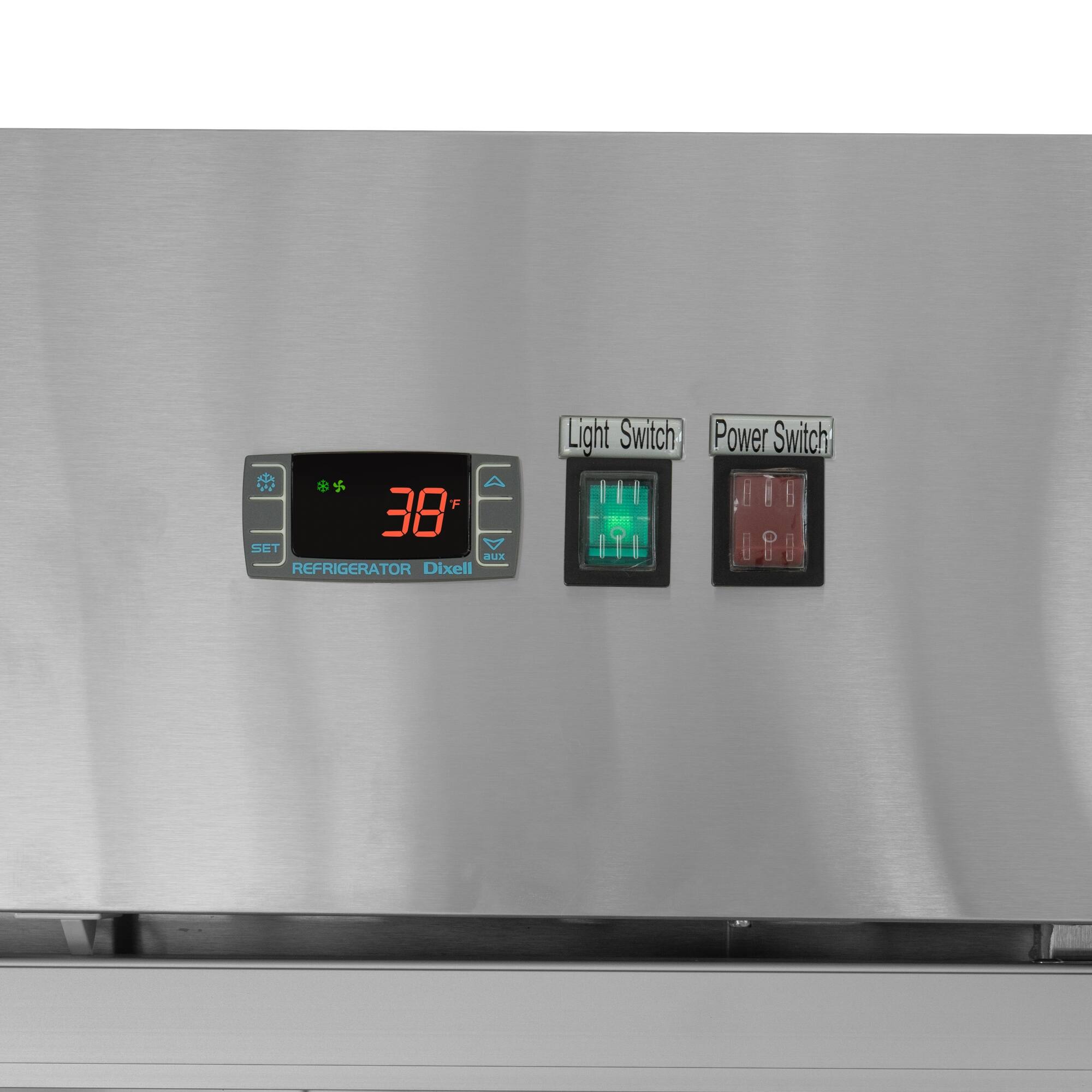 The image shows a refrigerator with a digital display showing the temperature set at 38 degrees. There are two switches on the refrigerator, one for the light and one for the power. The light switch is on the left side, while the power switch is on the right side. The refrigerator is made of stainless steel, giving it a sleek and modern appearance.
