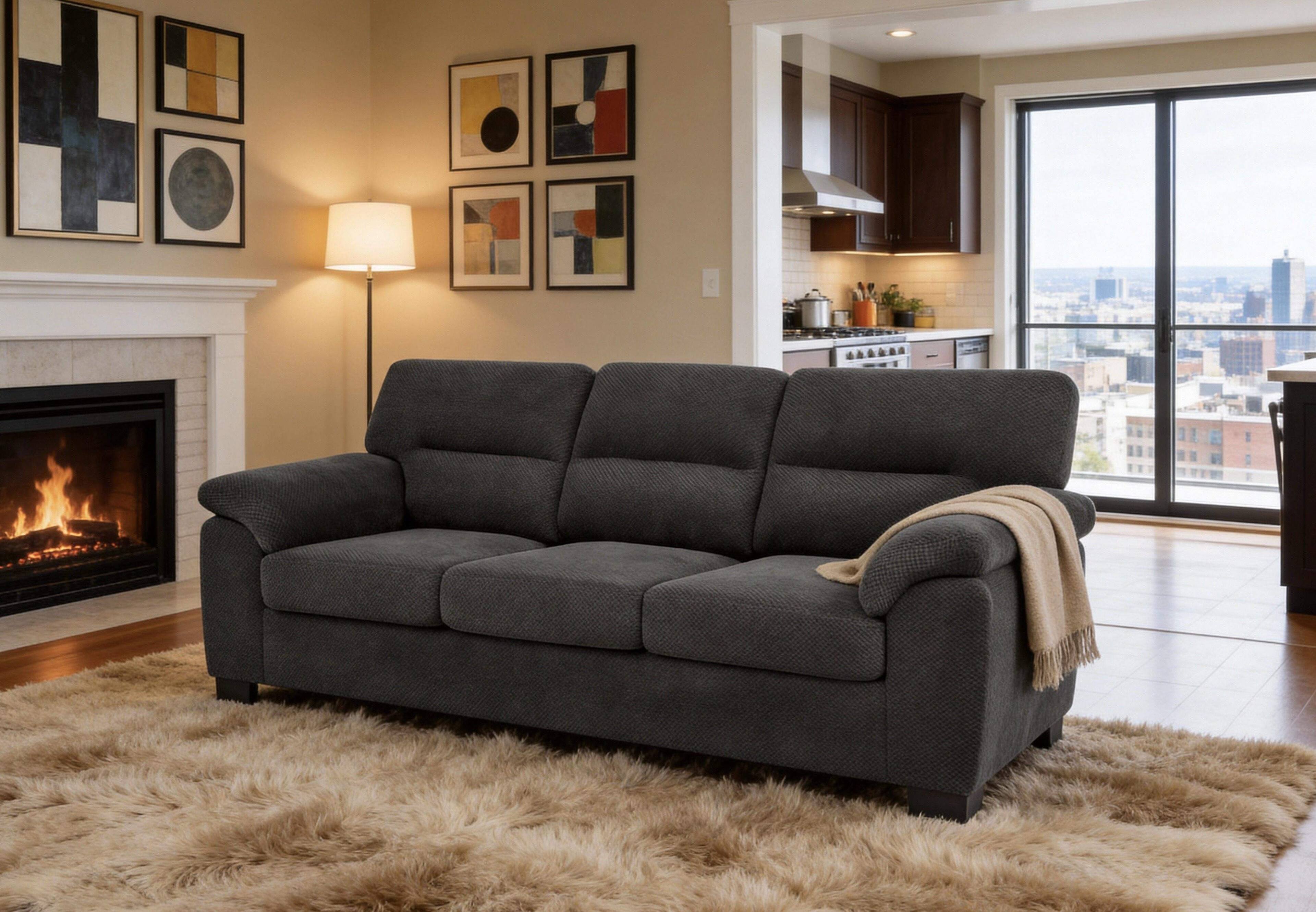 Angle. Roomtec - 3Seater Sofa Dark Gray Upholstered Couch Modern Living Room Furniture Textured Fabric Sofa Minimalist Settee - Dark Gray.