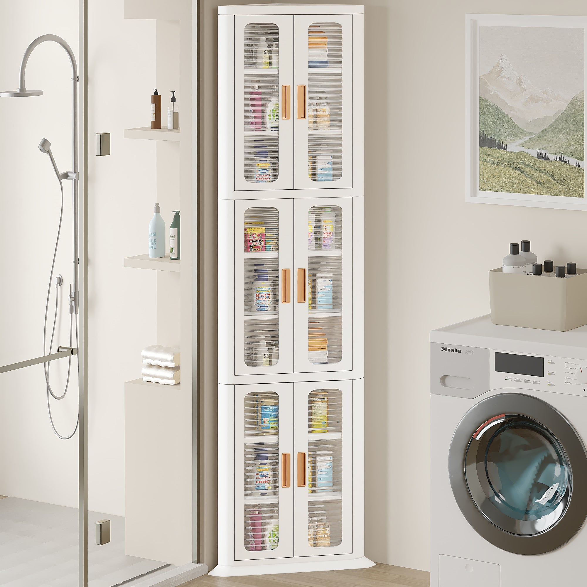 Vecelo - Slim Corner Storage Cabinet Tall Bathroom Organizer, Freestanding Corner Pantry Cabinet with Adjustable Shelves - White