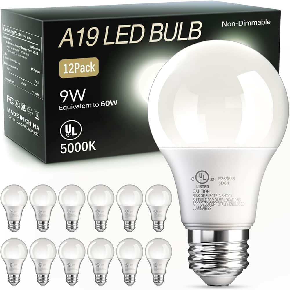 Schertz - 12-Pack A19 LED Bulbs, 9W Daylight 5000K, 800LM, E26 Base, Non-Dimmable