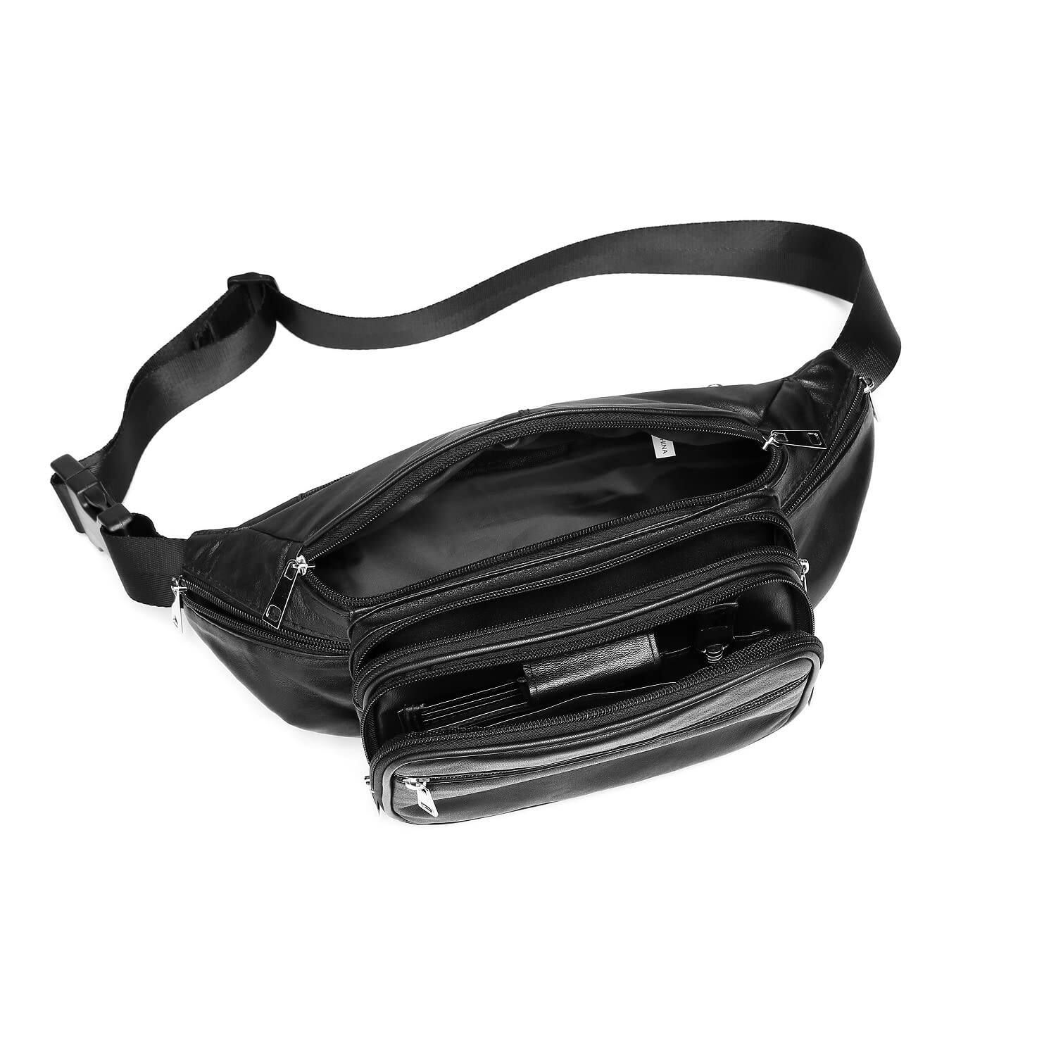 Alt View 3. Fabibe - Genuine Leather Large 7 Pocket Waist Pack With Organizer  Card Slots (black). MEASUREMENTS: 14 (max width including the. - Brown.