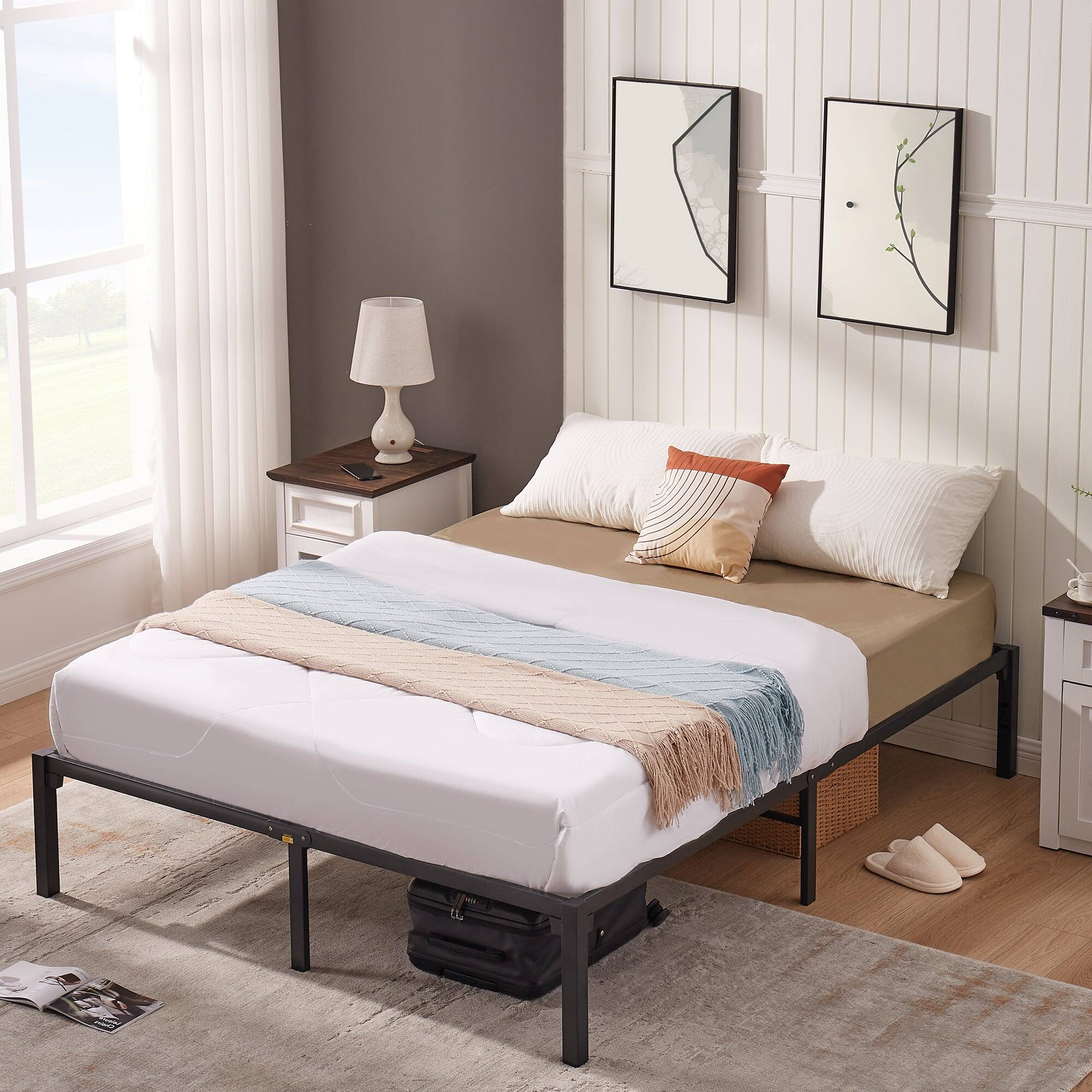 Back. Vecelo - Queen Bed Frame No Tools Assembly - 3000lb Capacity, 14.2" Storage Height, No Box Spring Needed, Foldable Design - Black.