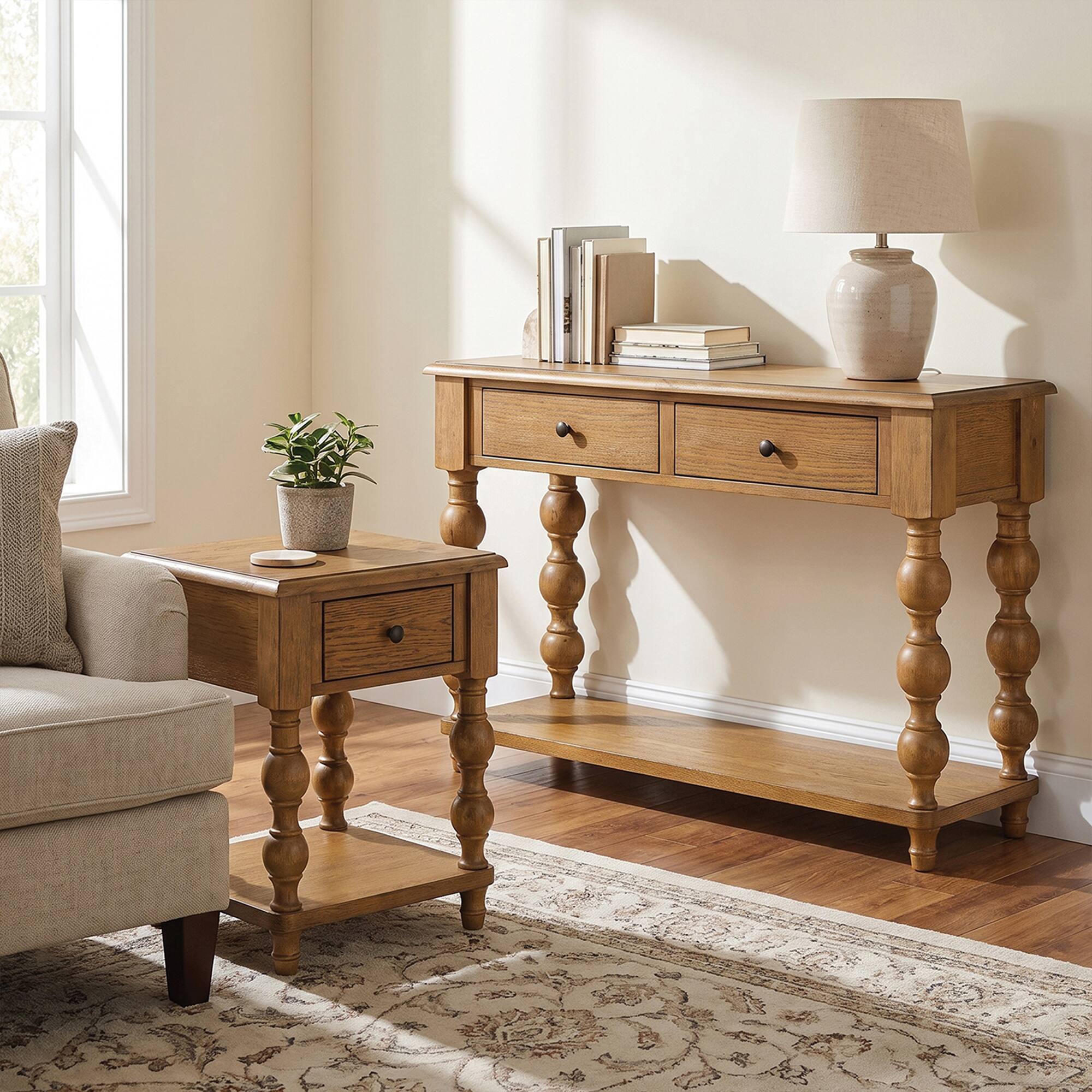 Alt View 1. ROME + OAK - ROME + OAK Stratford Rectangular Wood Console Table with Drawers, Natural Oak - Natural Oak.
