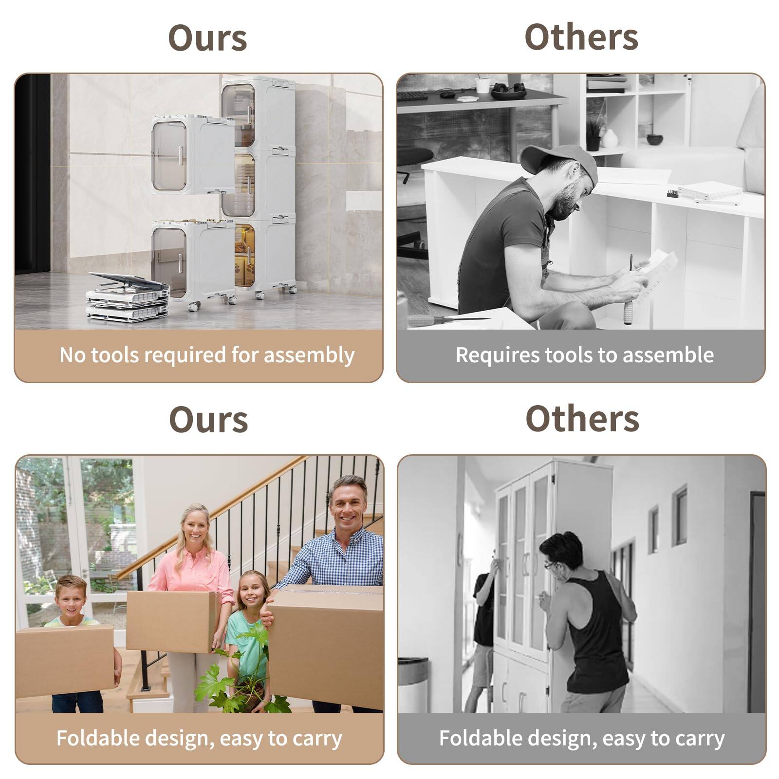 **Ours**

- No tools required for assembly

**Others**

- Requires tools to assemble

**Ours**

- Foldable design, easy to carry

**Others**

- Foldable design, easy to carry