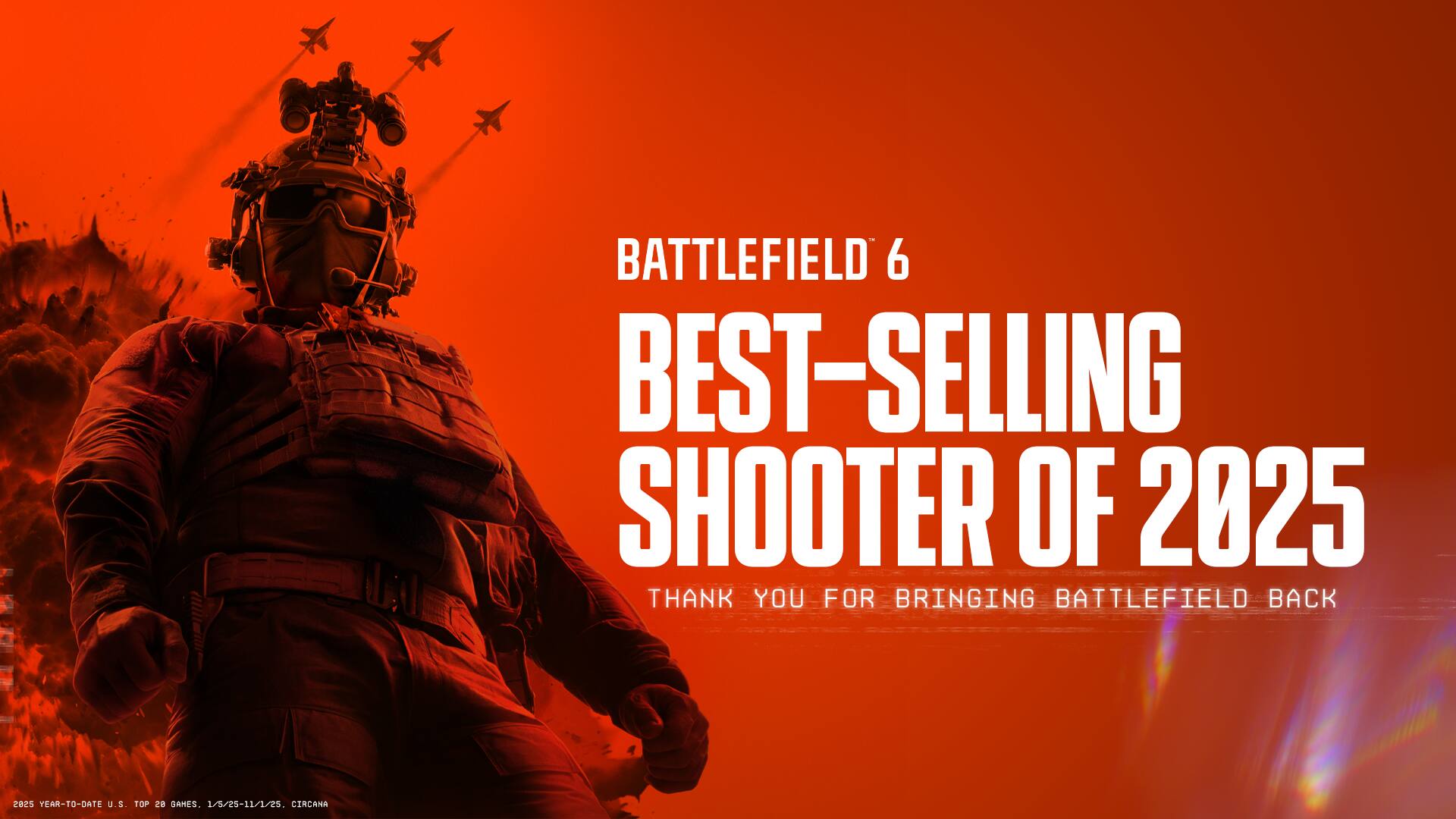 BATTLEFIELD 6  
BEST-SELLING SHOOTER OF 2025  
THANK YOU FOR BRINGING BATTLEFIELD BACK  

1/5/25-11/1/25  
CIRCANA